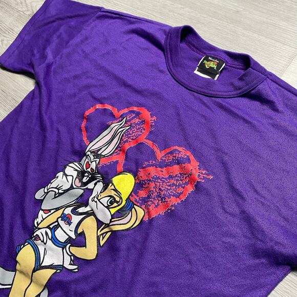Vintage 90s Space Jam Movie Bugs Lola Bunny Hearts Warner Bros Purple Tee Small - Picture 2 of 7